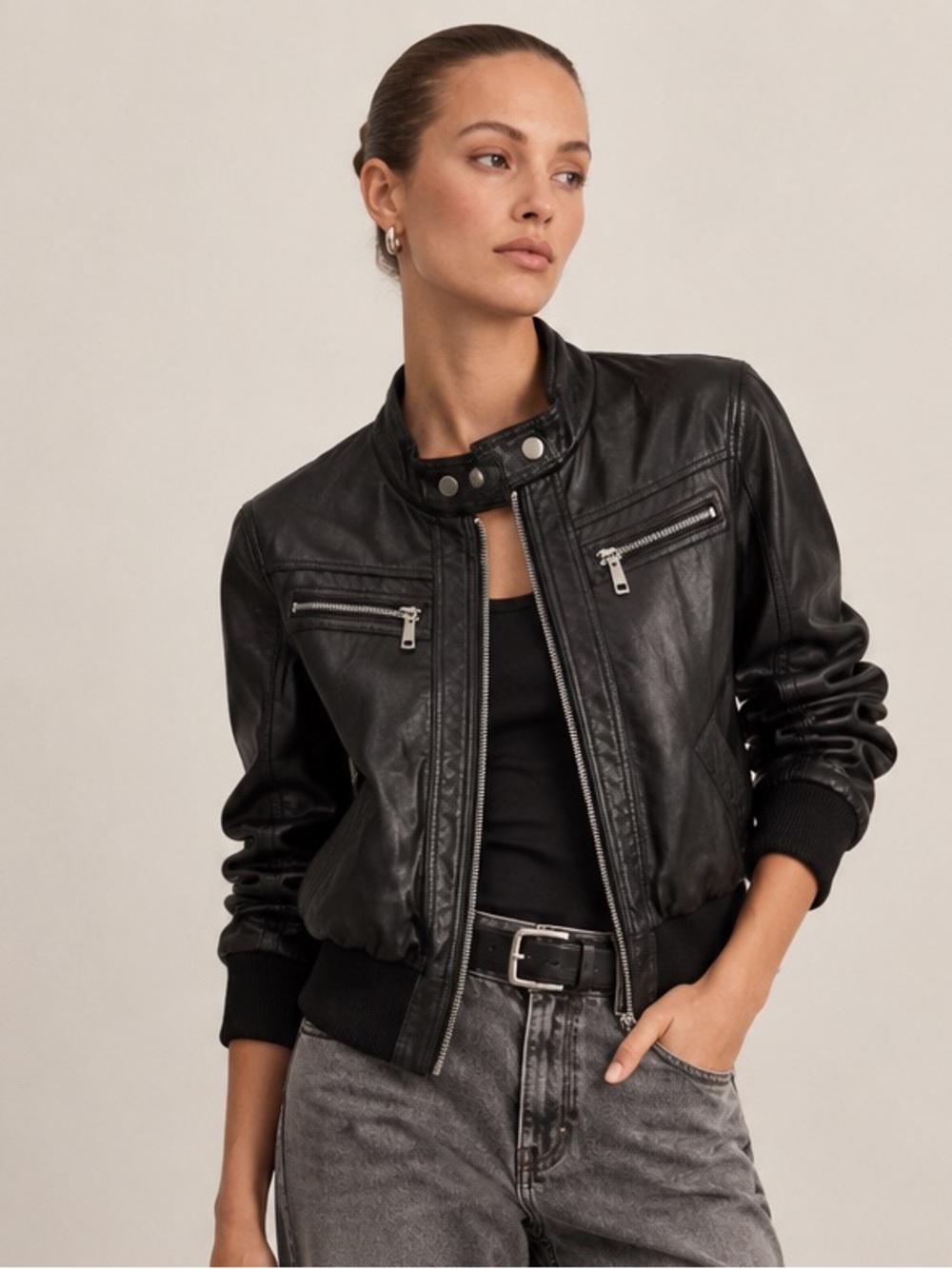 Ashley By 26 International Black Leather Bomber Jacket